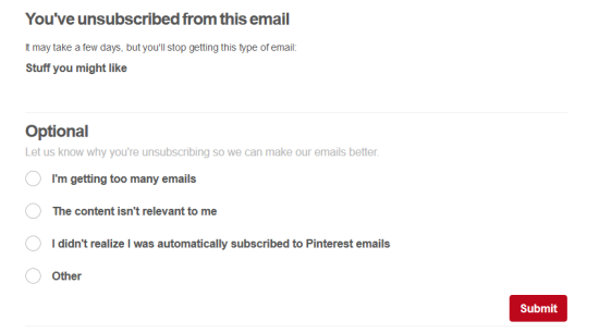 Pinterest.com - informuje z jaké skupiny emailu odhlašuje, lze zadat důvod. Neodhlašuje ze všech skupin vašeho odběru. Správně :-)